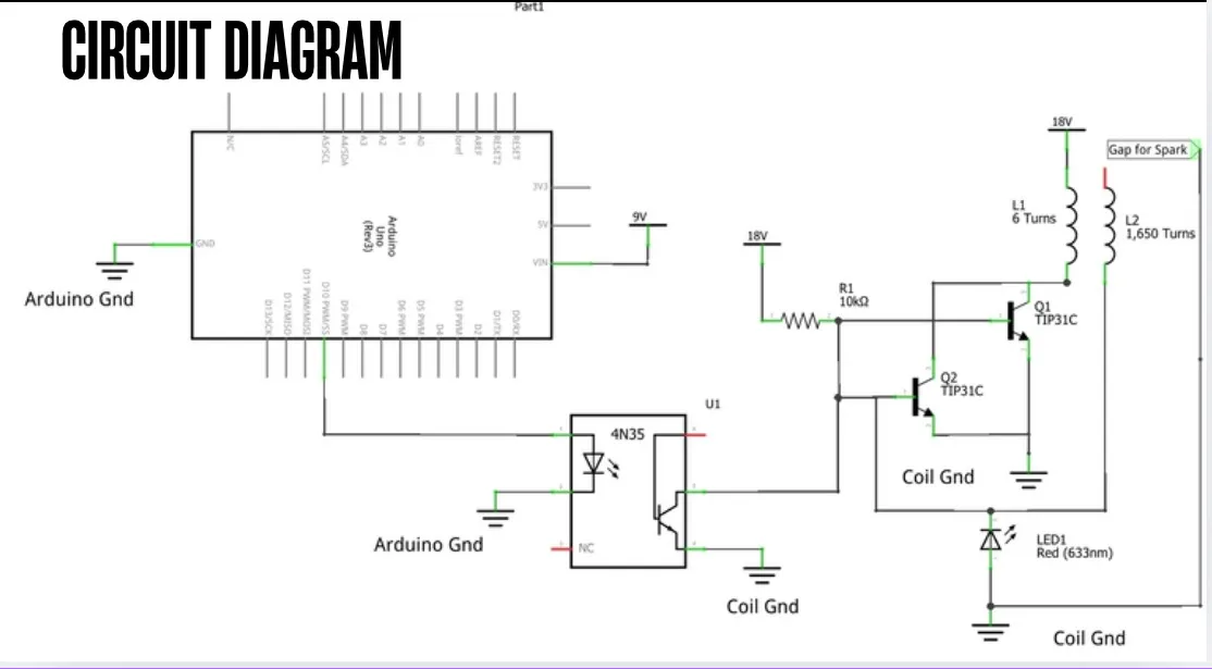 circuit diagram showing an arduino uno driving a 4n35 optocoupler, which drives two tip31c transistors switching a 6 turn primary against a 1,650 turn secondary, with separate arduino and coil grounds